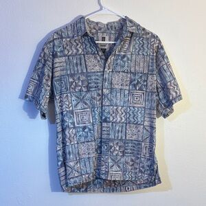 Tori Richard Geometric Blue and Gray Hawaiian pocketed Shirt small USA made
